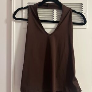 SHEIN Chocolate Brown V-Neck Halter Top Blouse Shirt Low Back